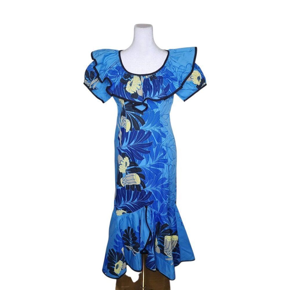 Vintage 80s Slades Hawaiian Puff Sleeve Ruffle Dress Muumuu Womens S Blue